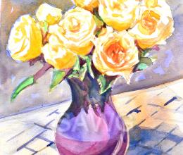 Yellow Roses in a Purple Vase by Victoria Wills